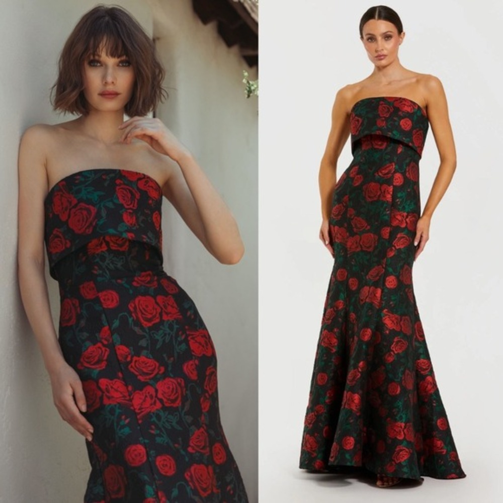 NEW Mac Duggal Black Strapless Floral Brocade Mermaid Gown‎ $598 - Size 8